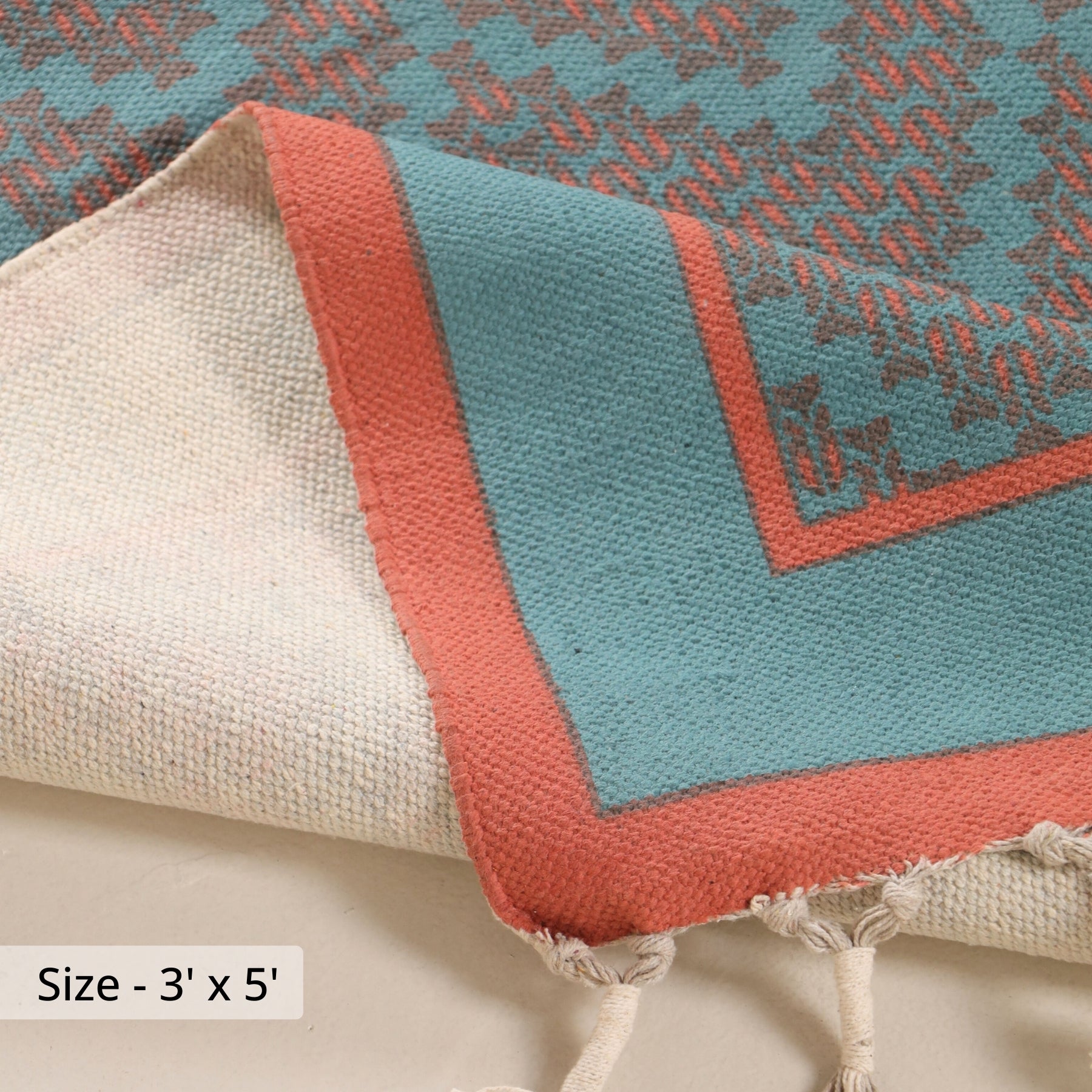Green and Navy Cotton Block Printed Living Room Rugs. Best as bedroom rug as well.