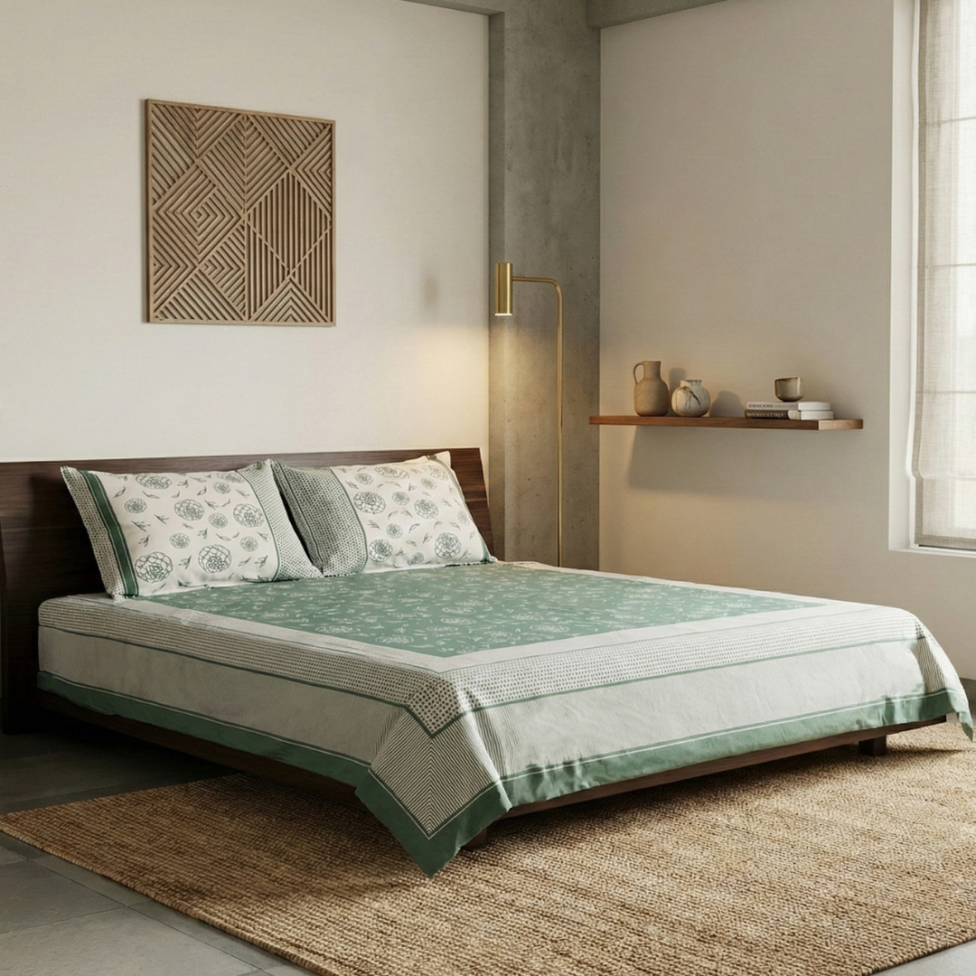Pure Cotton Bedsheet for bed with 2 Pillow Covers in Teal Green and Off White