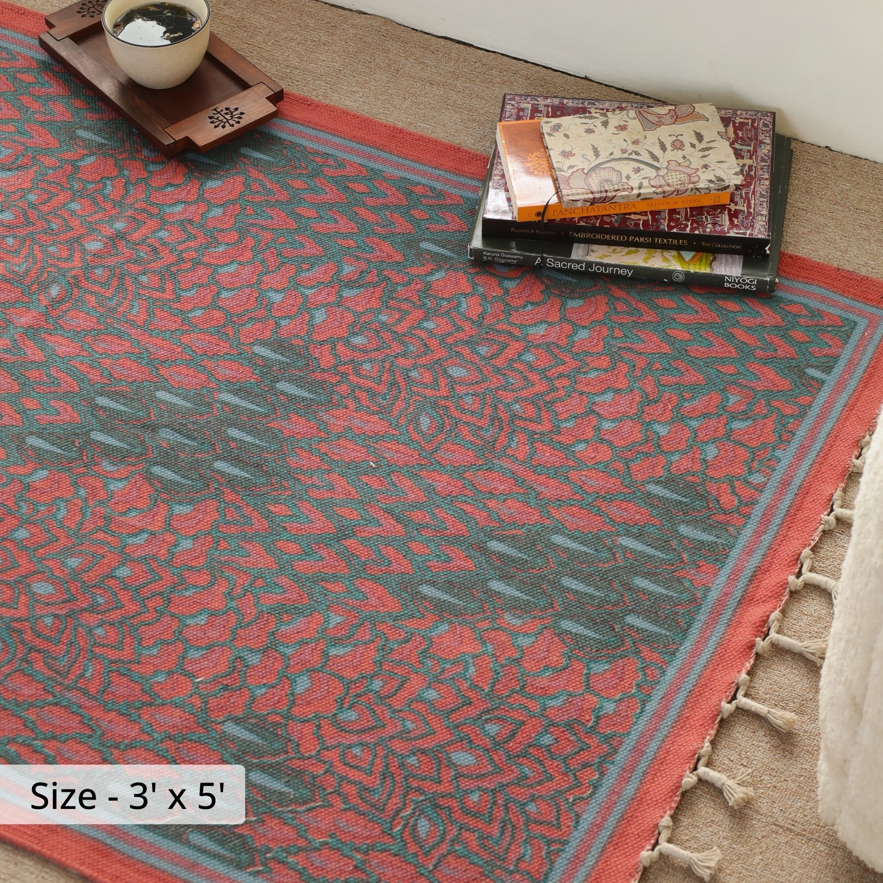Handprinted Cotton Floor Rug for Living Room in Maroon Navy and Green Colours | Soft Washable Rug