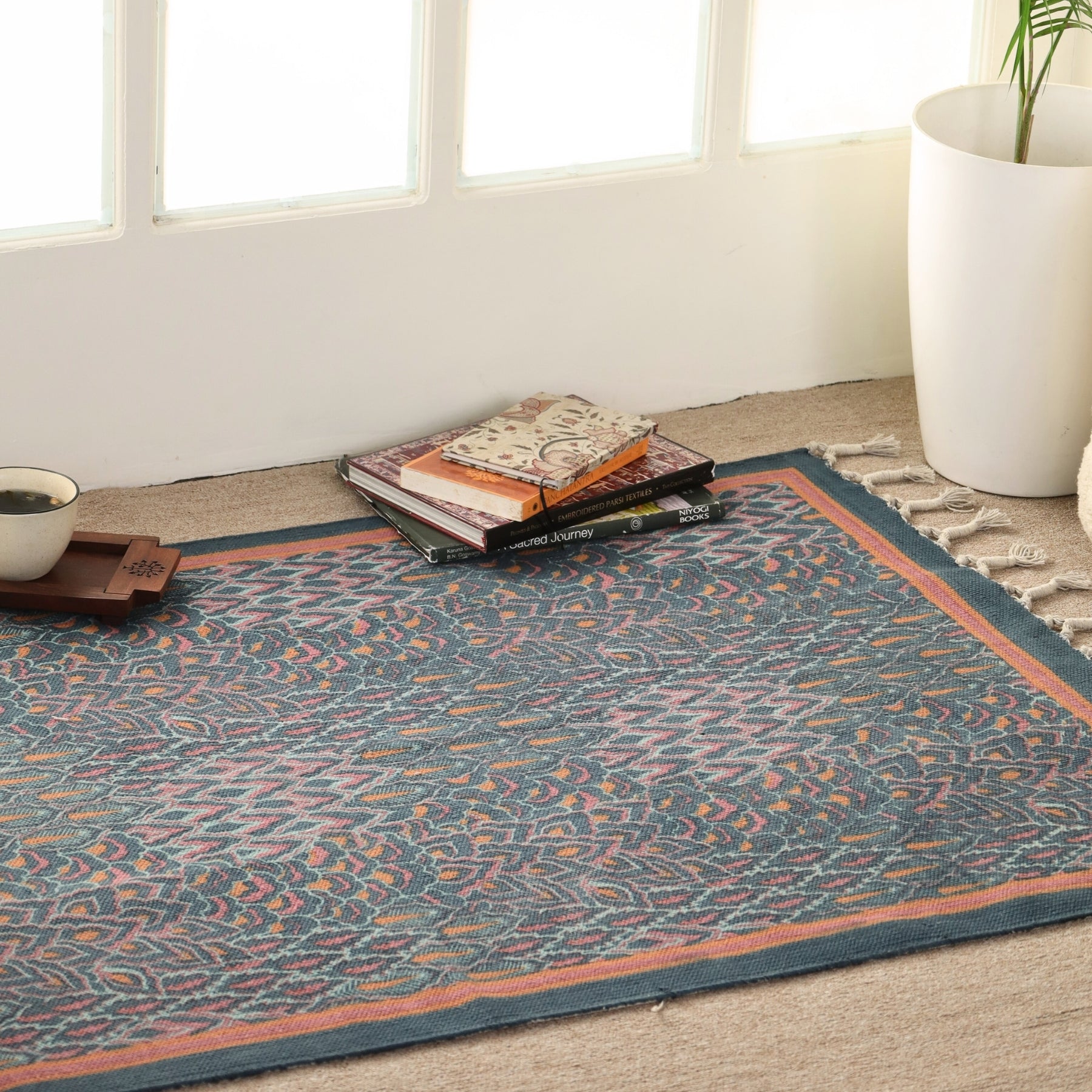 Coral and Powder Blue Cotton Block Printed Living Room Rugs. Best as bedroom rug as well.
