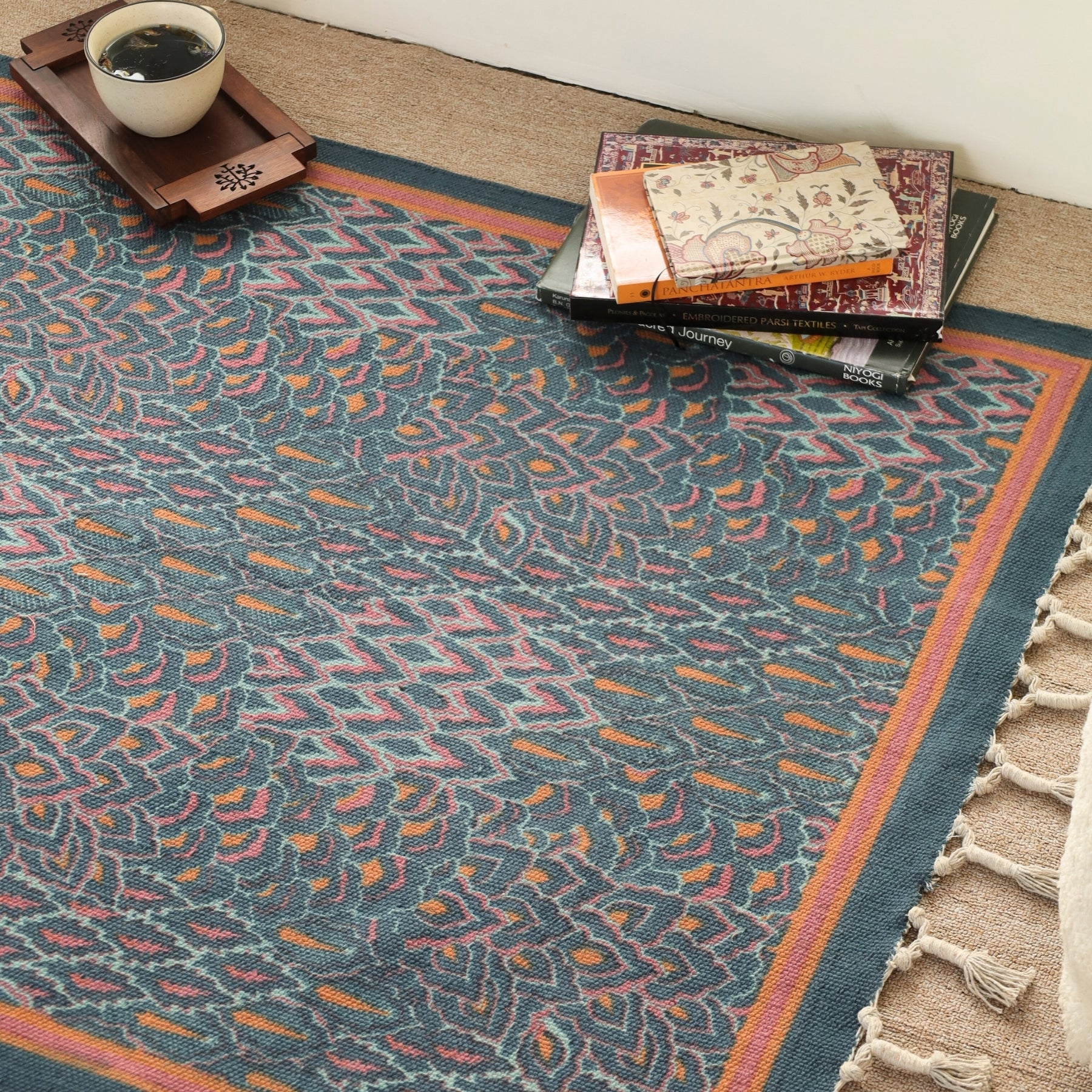 Coral and Powder Blue Cotton Block Printed Living Room Rugs. Best as bedroom rug as well.