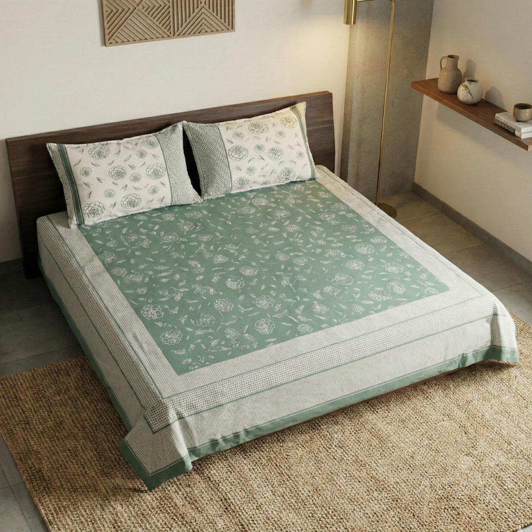 Pure Cotton Bedsheet for bed with 2 Pillow Covers in Teal Green and Off White
