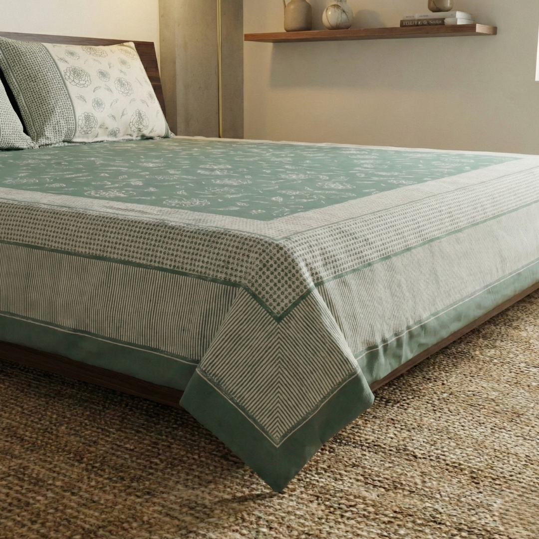 Pure Cotton Bedsheet for bed with 2 Pillow Covers in Teal Green and Off White