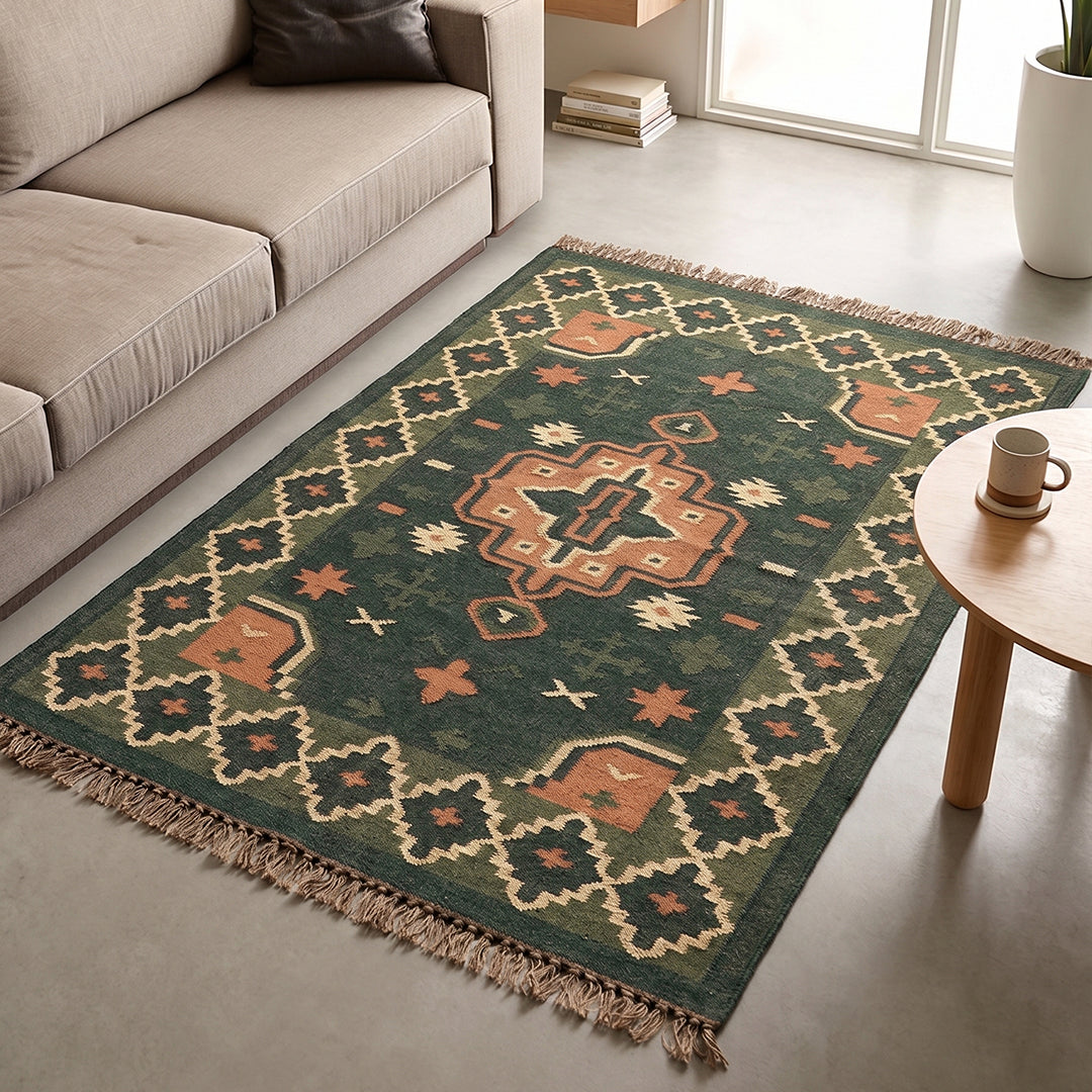 Cotton Floor Rug hand woven with Jute and Wool for Living Room or Bedroom in Green and Peach Colours| 4x6 Feet Durable Area Rug