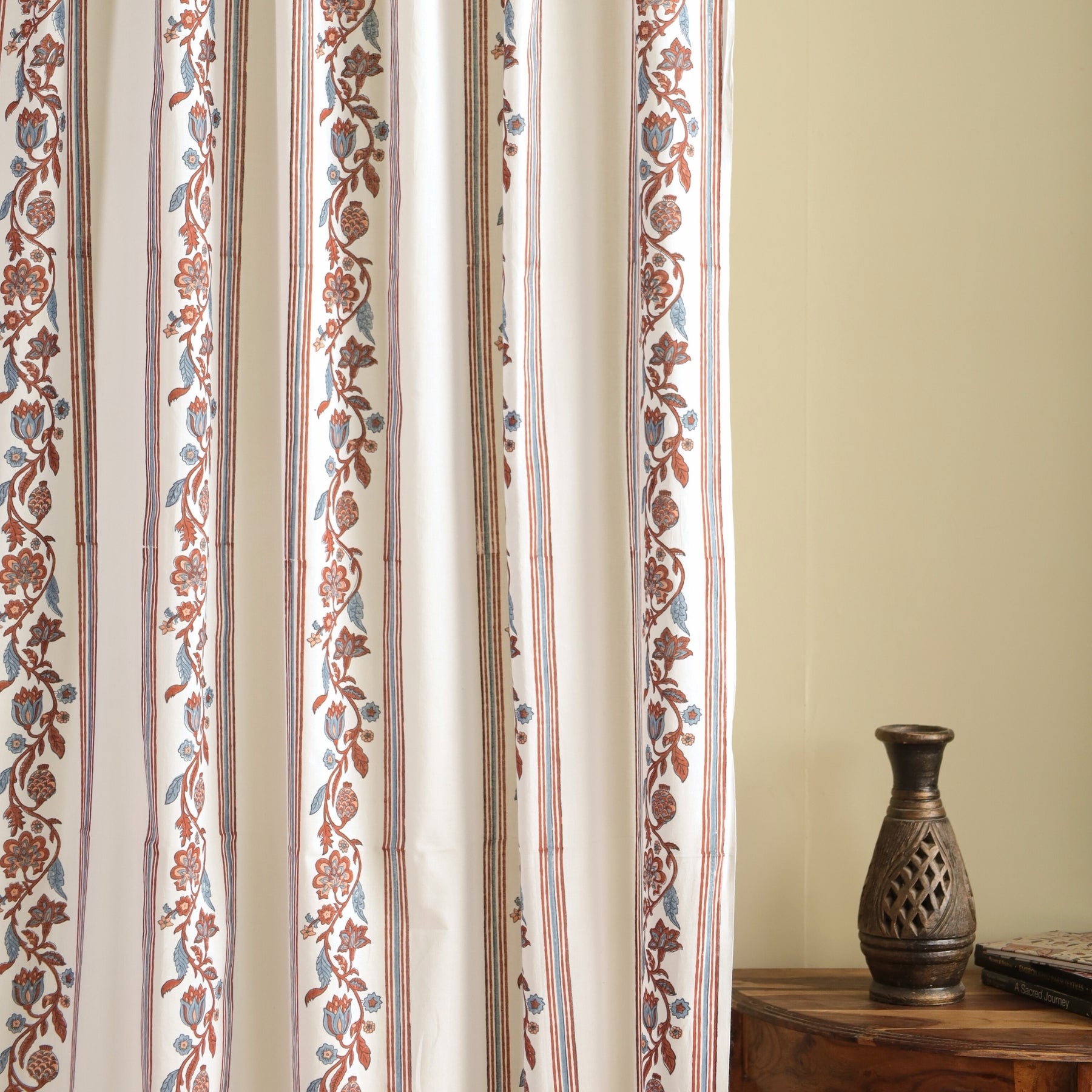 Pure Cotton Sheer Curtains hand printed in red and navy colour | Best curtains for living room