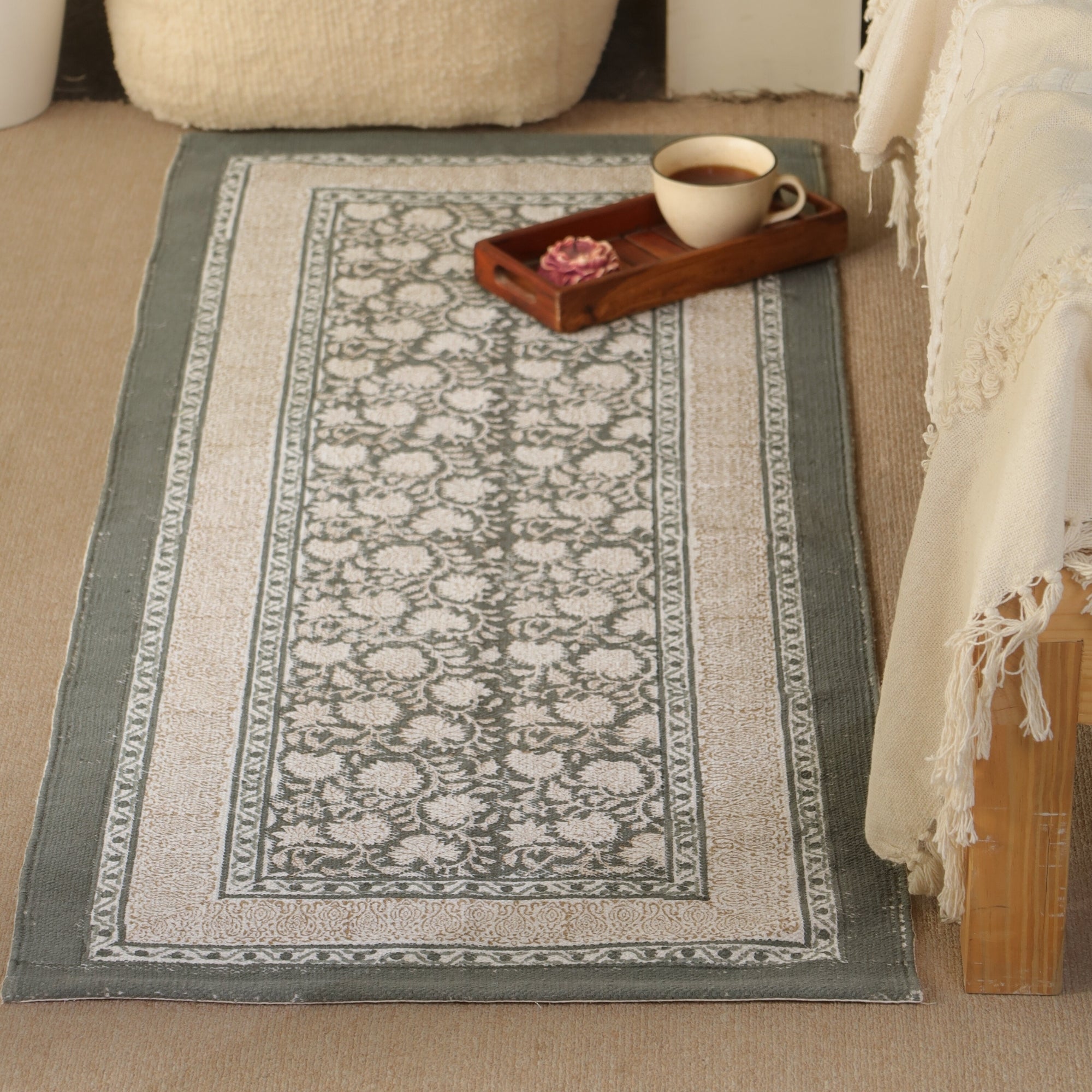 Hand block printed Cotton Floor Rug for Living Room and Bedroom in Ivory and Charcoal Colour | Soft Washable Rug