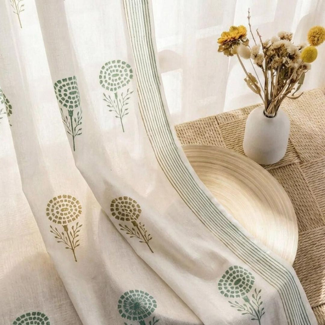 Sheer Curtain in Teal Green and Taupe made with fine Mulmul cotton