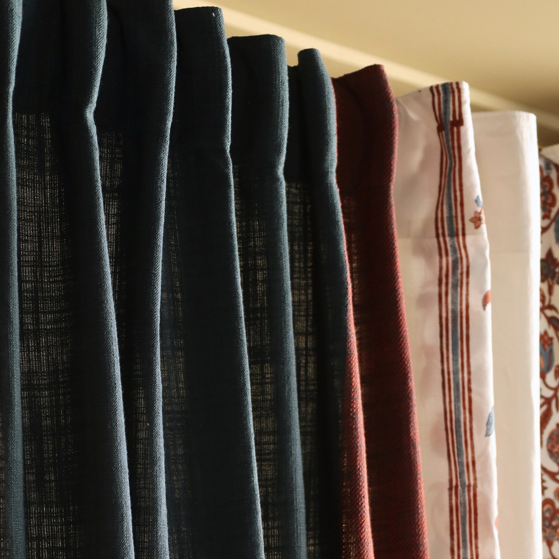 Pure Cotton Sheer and solid Curtains set in Off White and Navy Colours, available in 7ft in set of 3