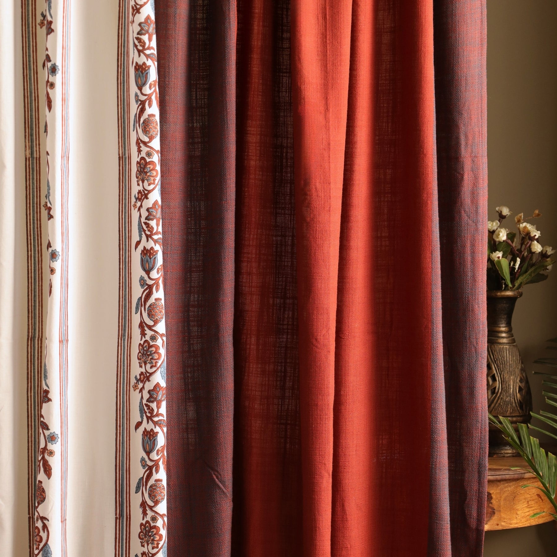 Pure Cotton Curtains set in Off White and Brick Red Colours, available in 7ft in set of 3