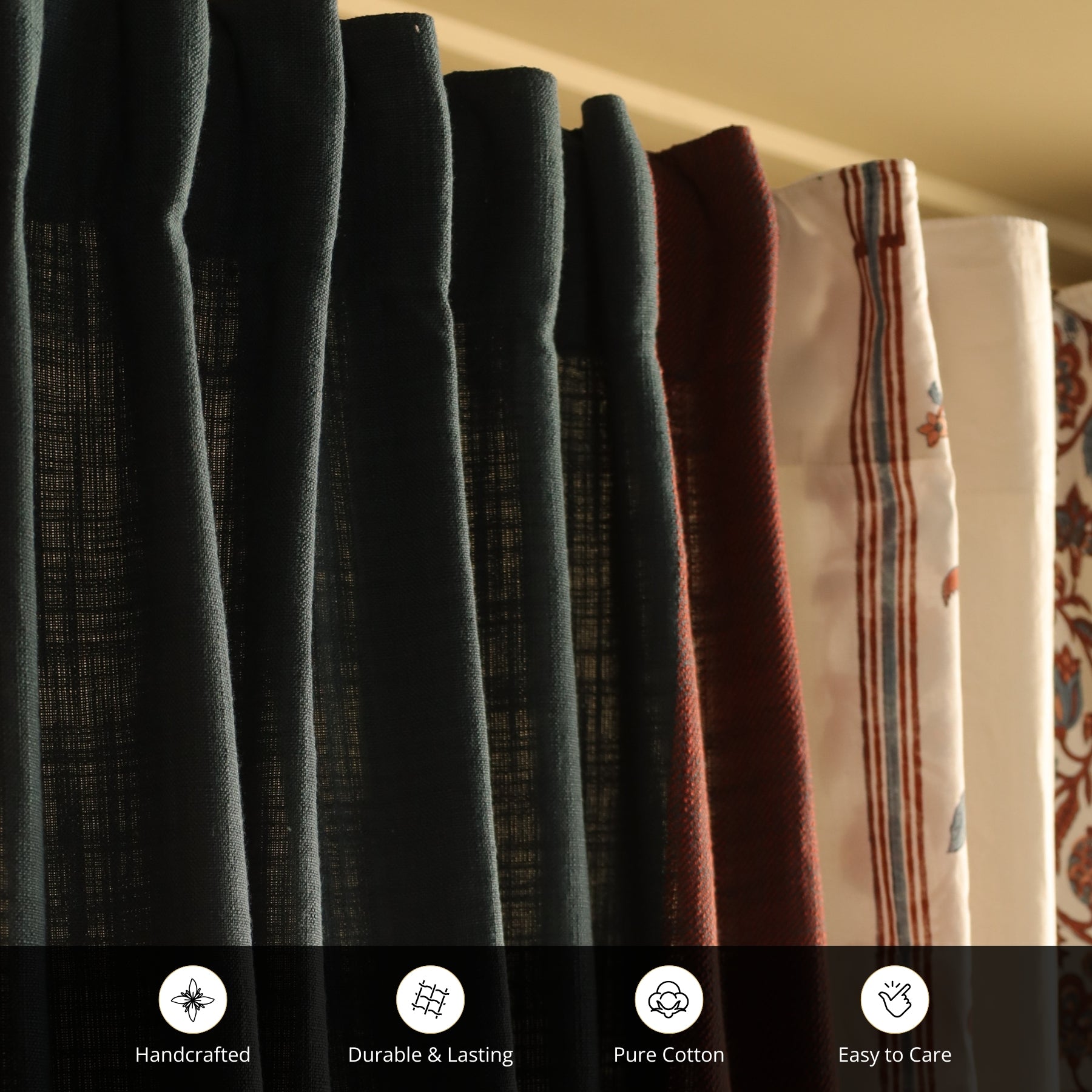 Pure Cotton Sheer and solid Curtains set in Off White and Navy Colours, available in 7ft in set of 3
