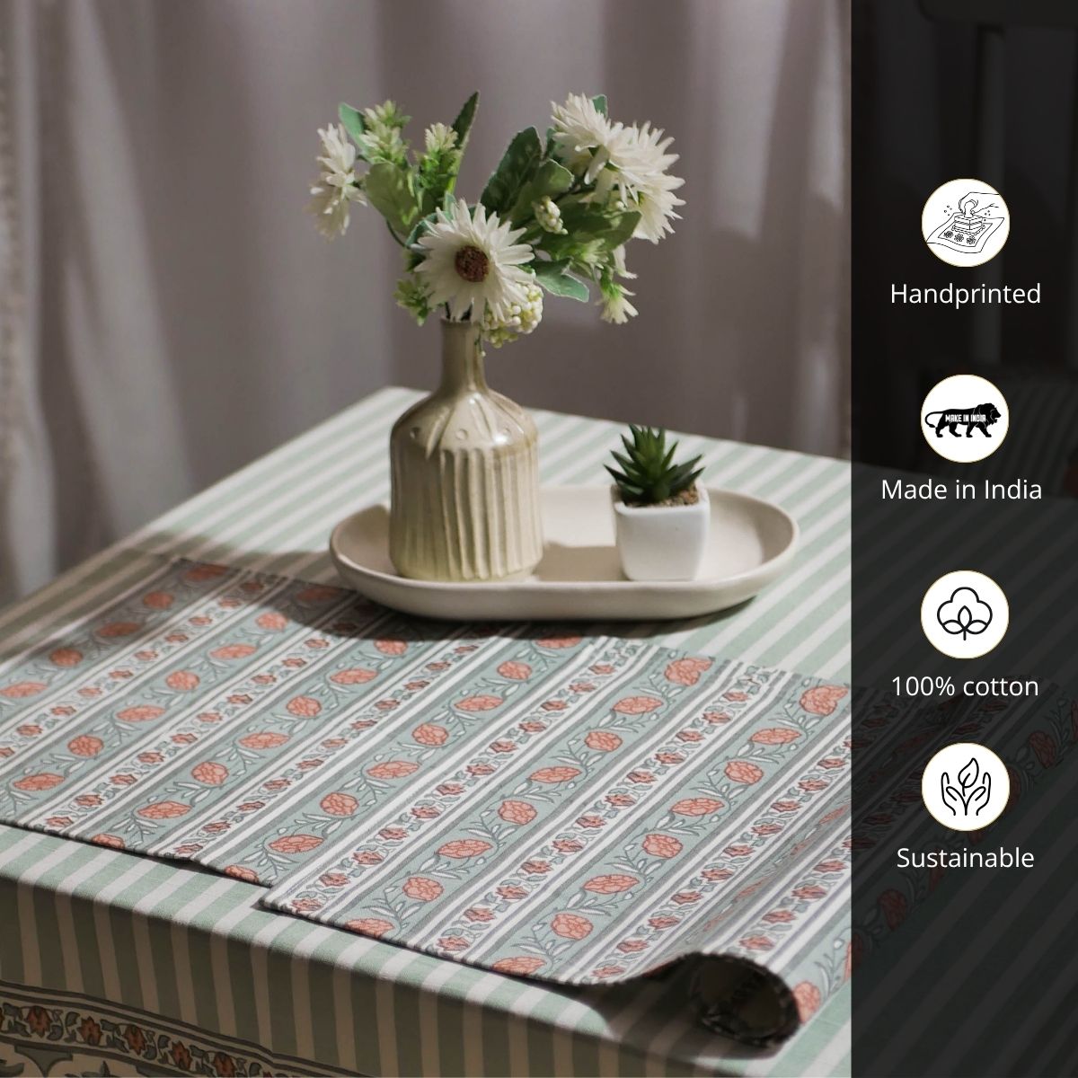 Pure Cotton Table mats in Green and Dusty Pink | Set of 4 and 6