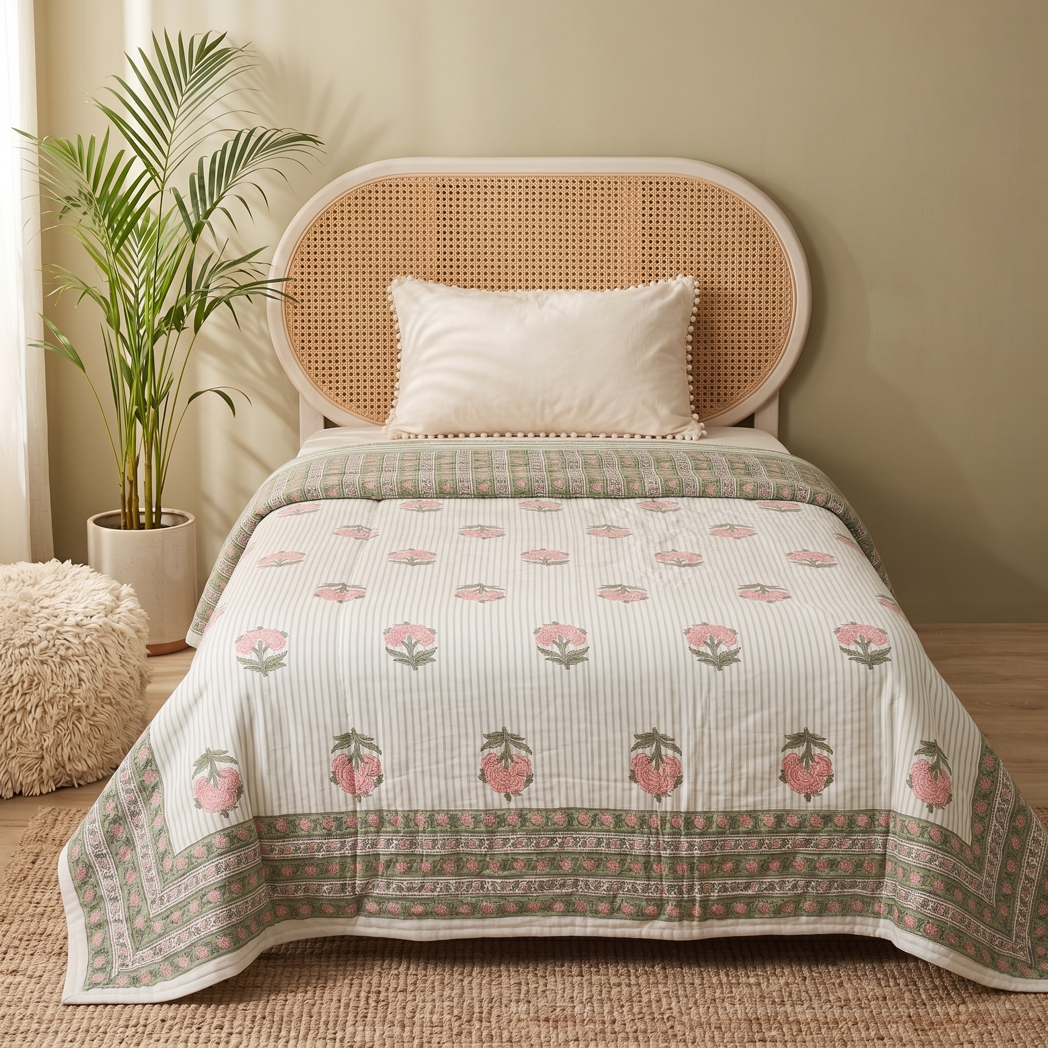 AC Comforter in 100% Cotton Mulmul Handprinted in Dusty Pink and Green| Lightweight Soft and Breathable AC Blanket in Reversible design