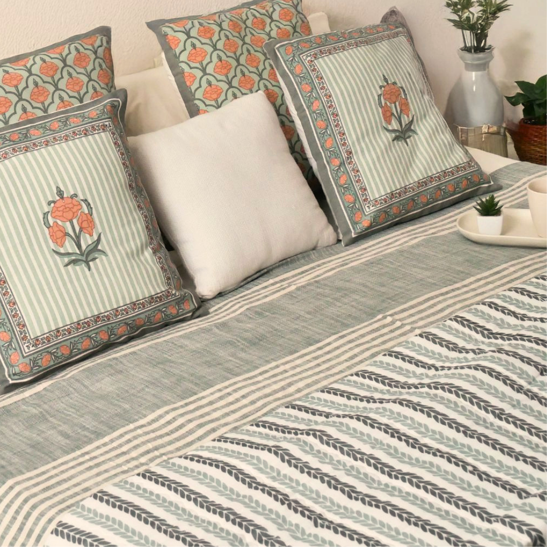 AC Comforter in 100% Cotton Mulmul Handprinted in Green Leafy Stripes| Lightweight Soft and Breathable AC Blanket