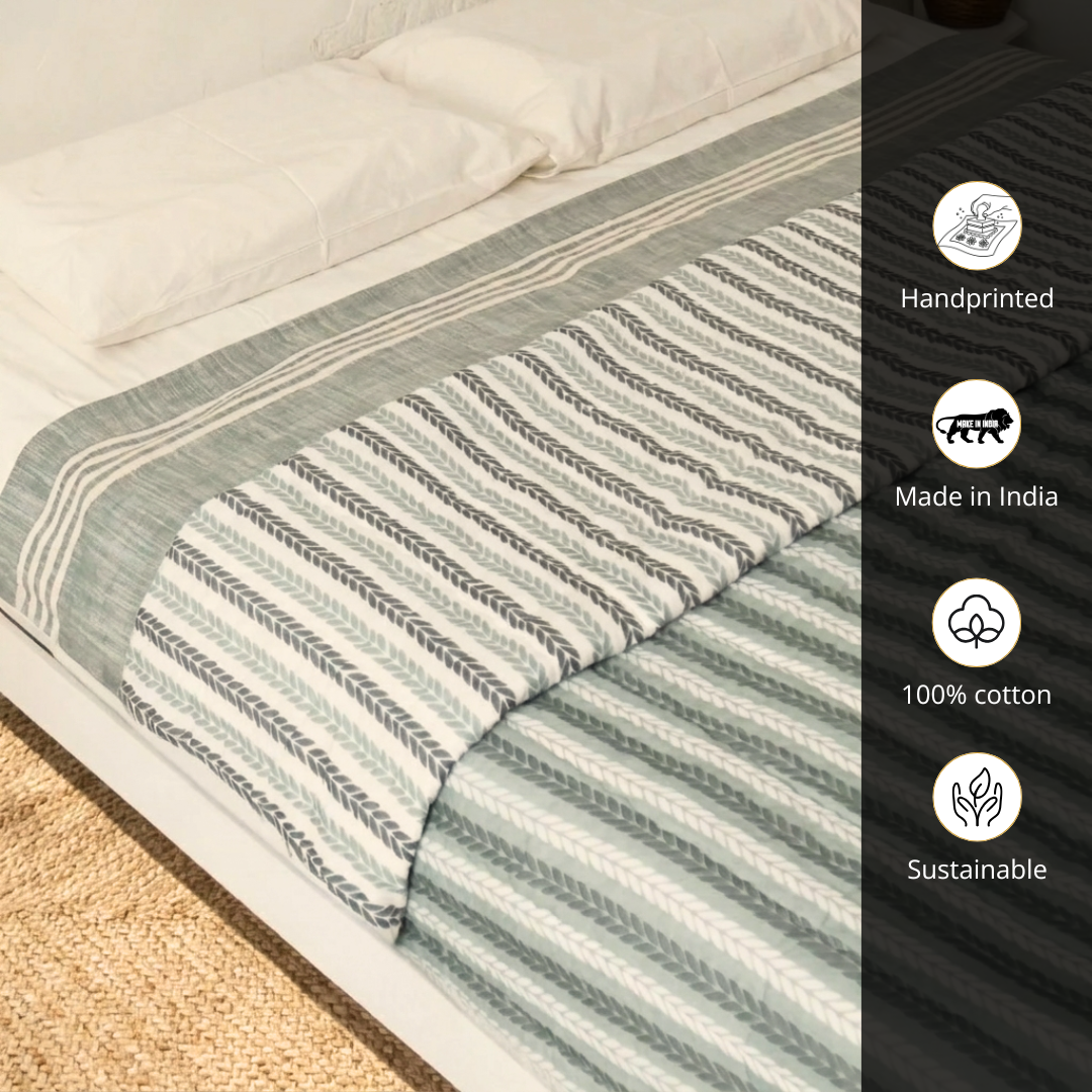 AC Comforter in 100% Cotton Mulmul Handprinted in Green Leafy Stripes| Lightweight Soft and Breathable AC Blanket