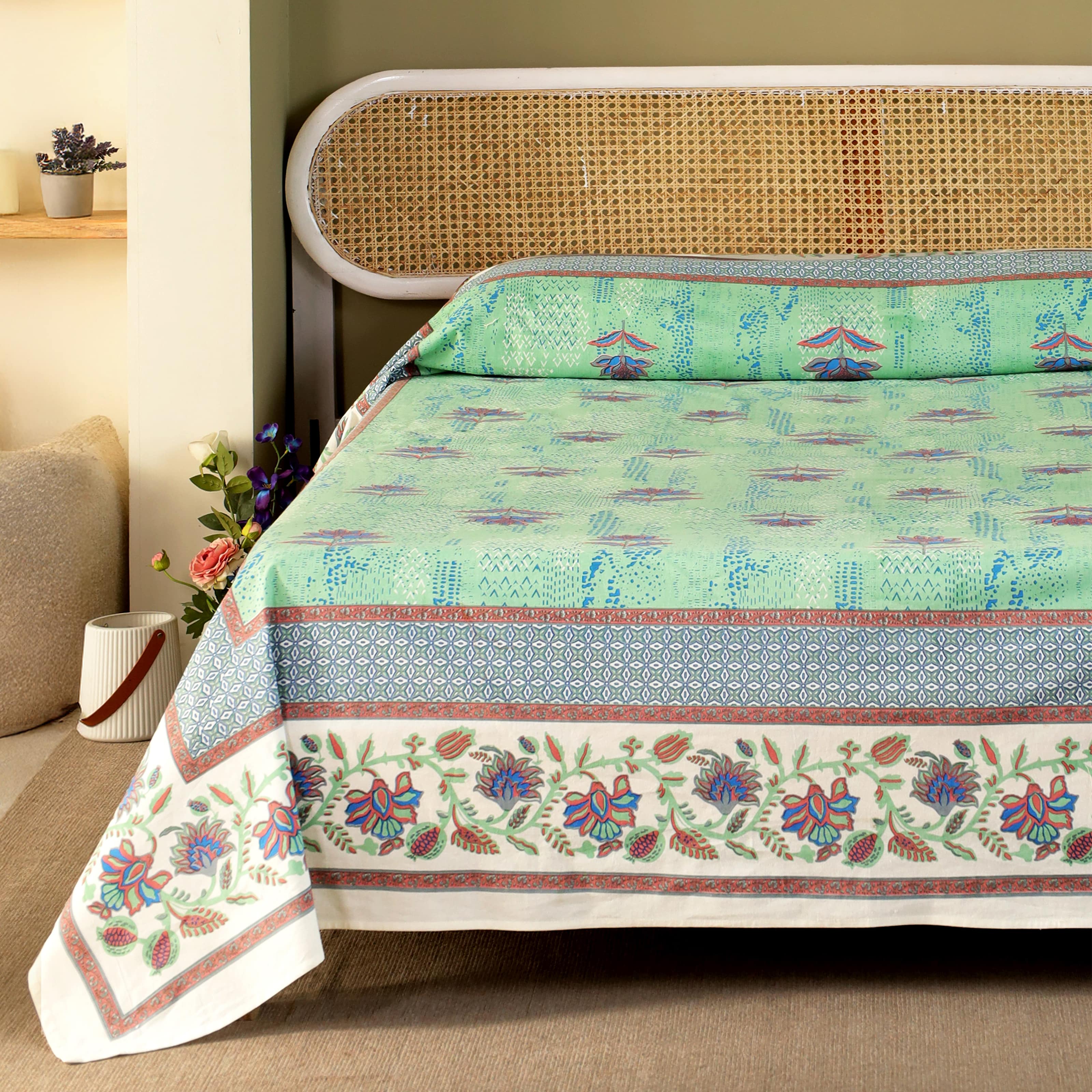 Queen Size Bed Cover of Pure Cotton Aqua Green Navy and Peach