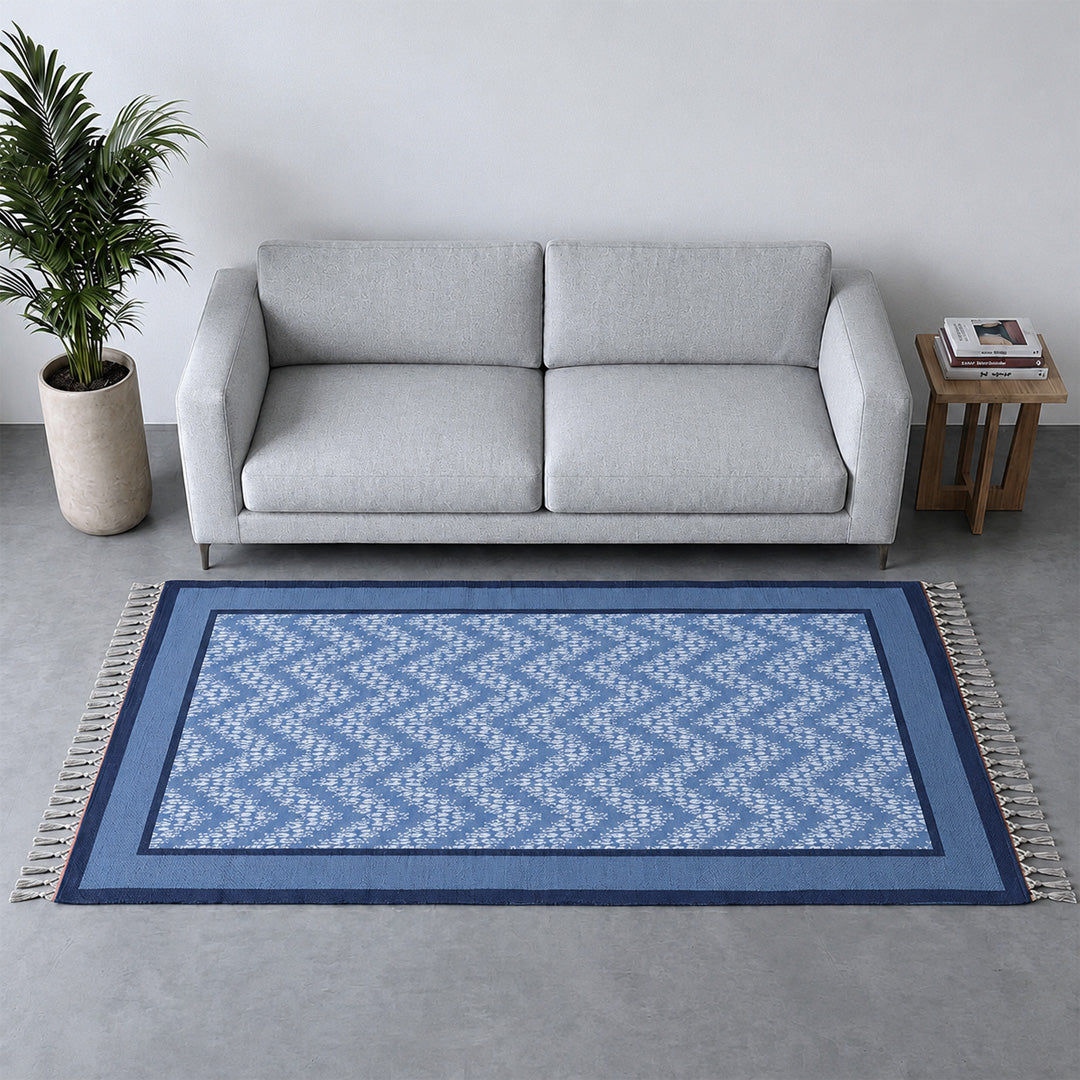 Cotton Floor Rug handprinted in Blue Chevron design for Living room or Bedroom| Foldable Area Rug