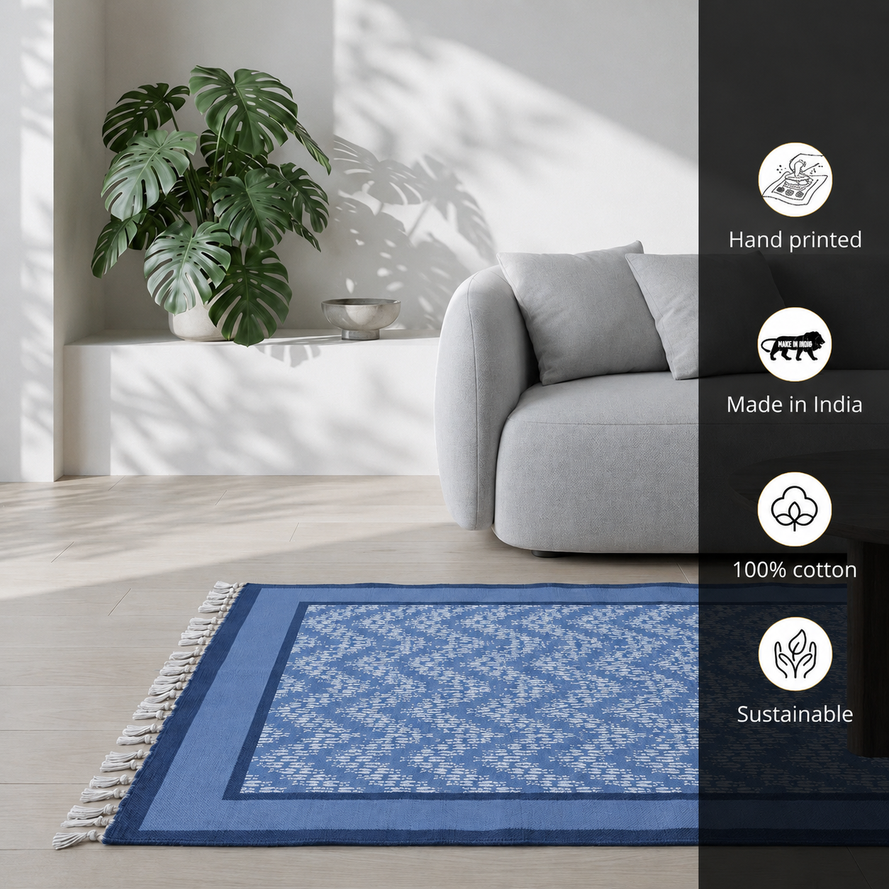 Cotton Floor Rug handprinted in Blue Chevron design for Living room or Bedroom| Foldable Area Rug