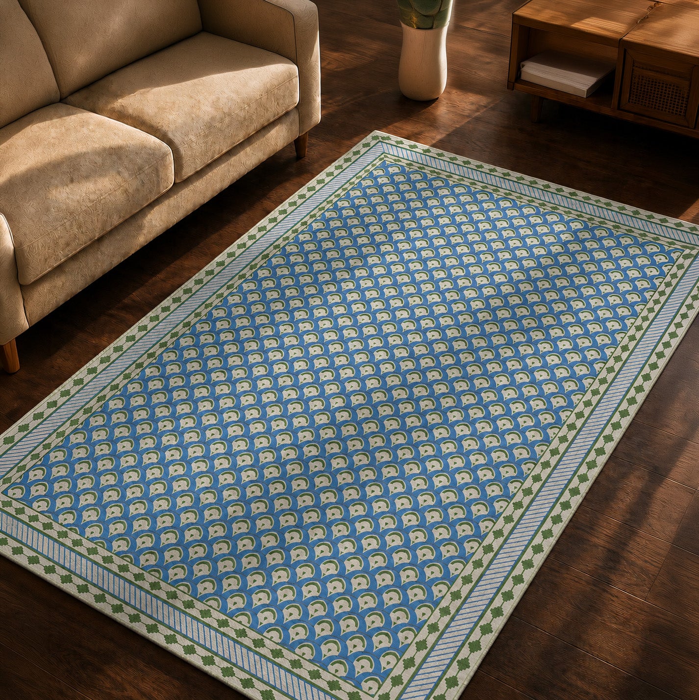 Hand Printed Cotton Floor Rug 3 x 5 Ft | Blue and Green Area Rug for Living Room and Bedroom