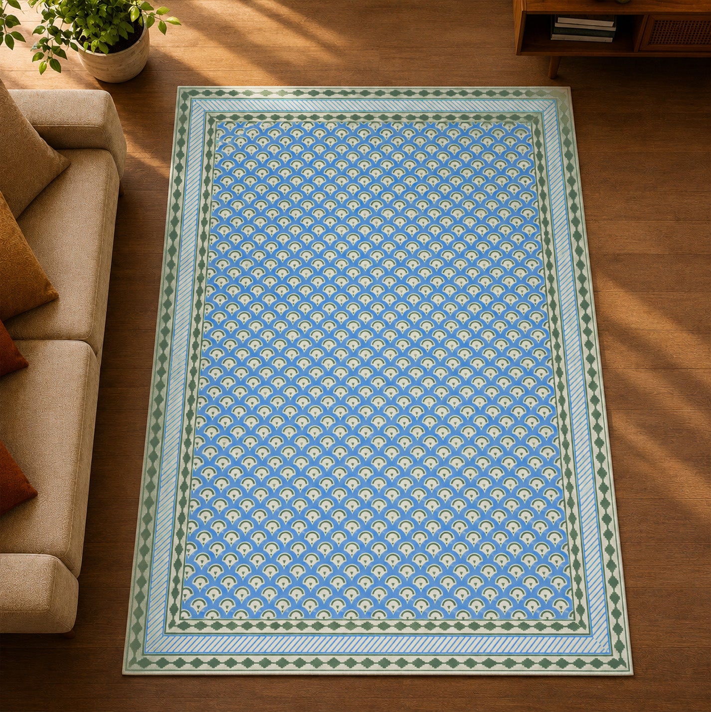 Hand Printed Cotton Floor Rug 3 x 5 Ft | Blue and Green Area Rug for Living Room and Bedroom