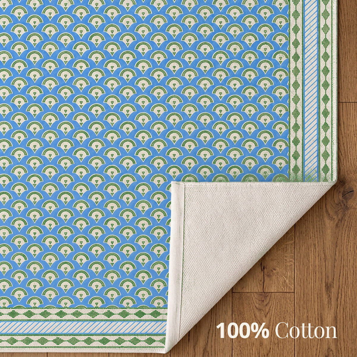 Hand Printed Cotton Floor Rug 3 x 5 Ft | Blue and Green Area Rug for Living Room and Bedroom