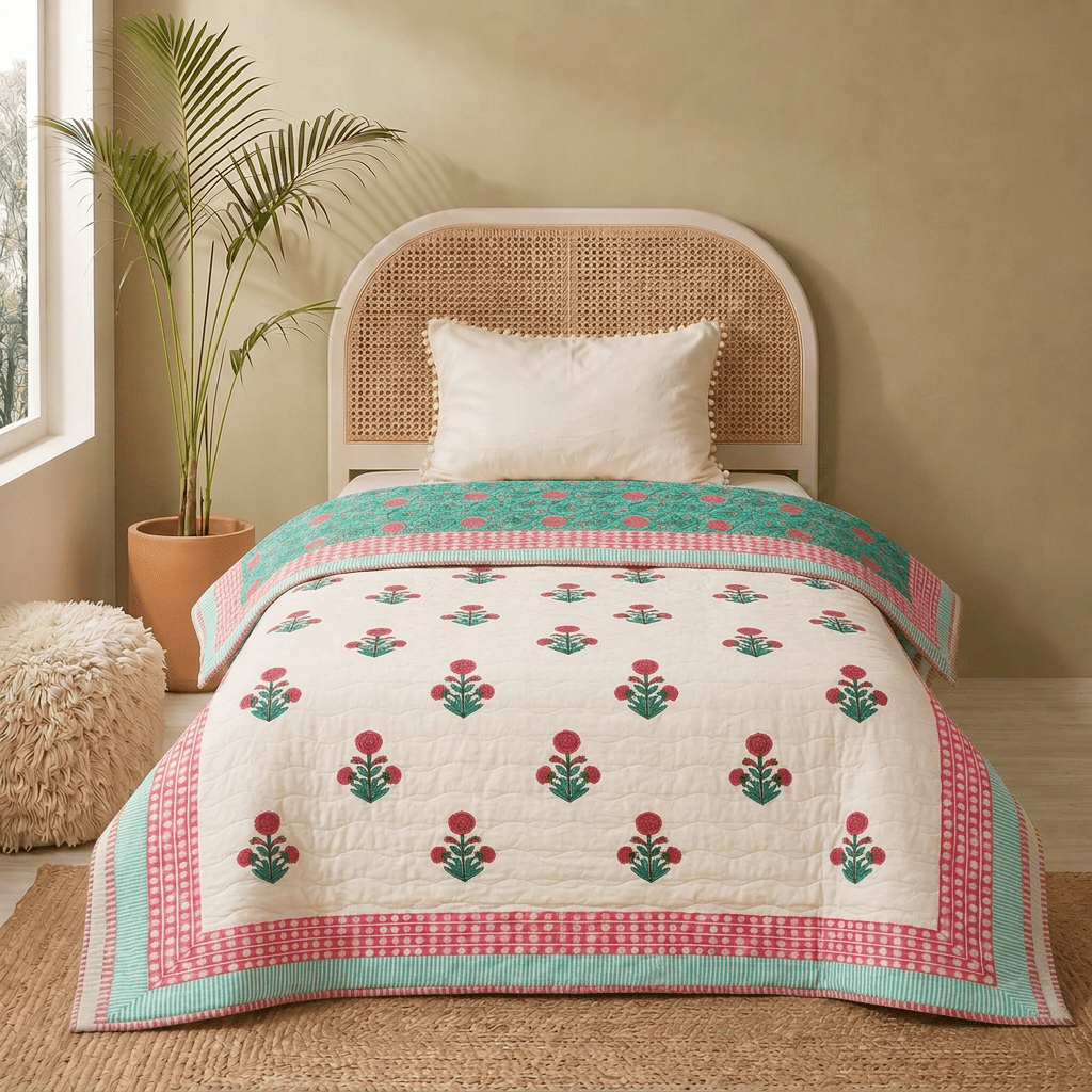 AC Comforter for Single Bed in 100% Cotton Mulmul Handprinted in Turquoise and Pink| Lightweight Soft and Breathable AC Blanket