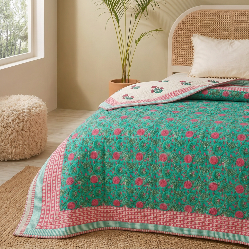 AC Comforter for Single Bed in 100% Cotton Mulmul Handprinted in Turquoise and Pink| Lightweight Soft and Breathable AC Blanket