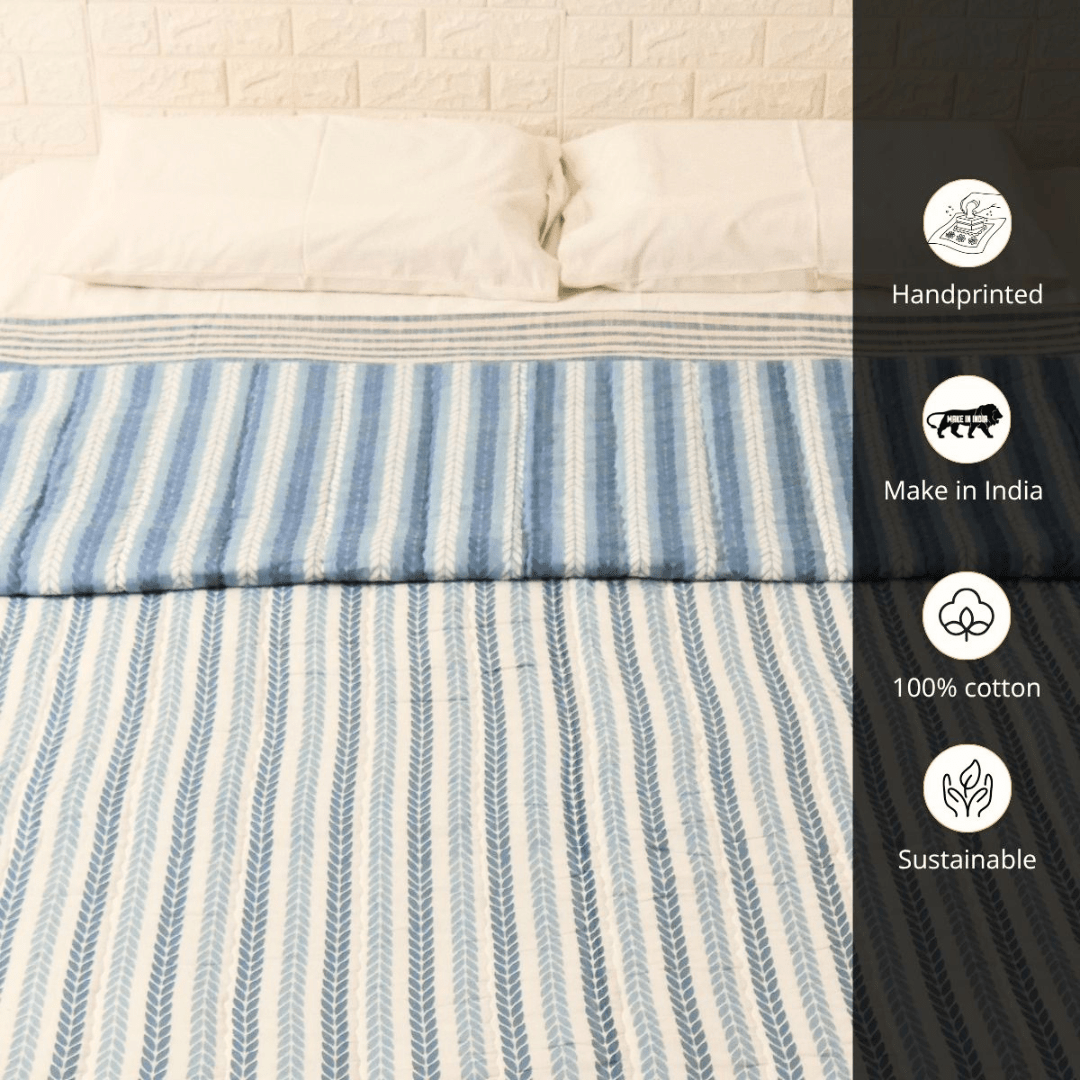 AC Comforter in 100% Cotton Mulmul Handprinted in Blue Leafy Stripes| Lightweight Soft and Breathable AC Blanket in Reversible design