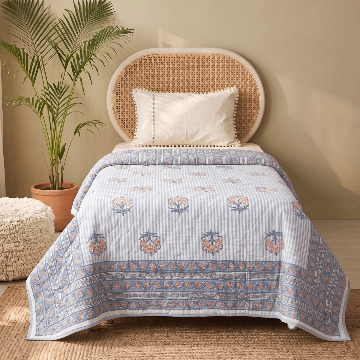 AC Comforter in 100% Cotton Mulmul Handprinted in Dusty Pink and Blue| Lightweight Soft and Breathable AC Blanket in Reversible design