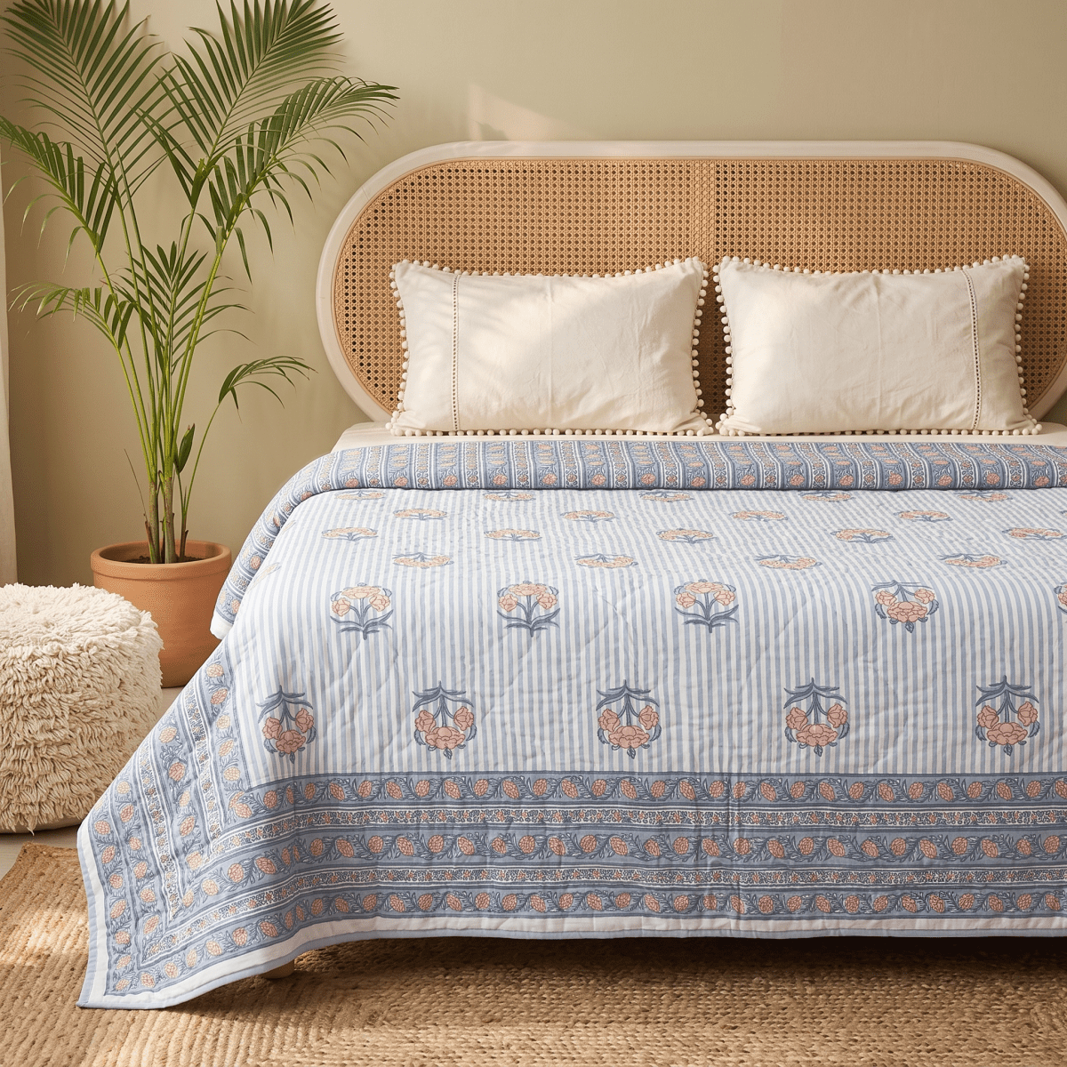 AC Comforter in 100% Cotton Mulmul Handprinted in Dusty Pink and Blue| Lightweight Soft and Breathable AC Blanket in Reversible design