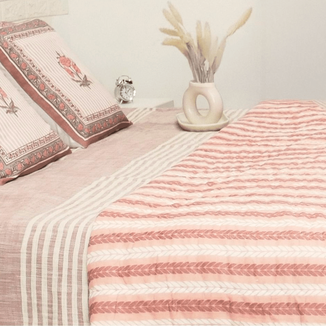 AC Comforter in 100% Cotton Mulmul Handprinted in Dusty Pink and Off White| Lightweight Soft and Breathable AC Blanket in Reversible design
