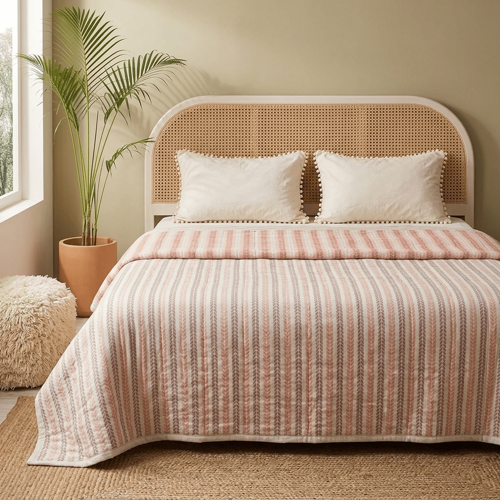 AC Comforter in 100% Cotton Mulmul Handprinted in Dusty Pink and Off White| Lightweight Soft and Breathable AC Blanket in Reversible design