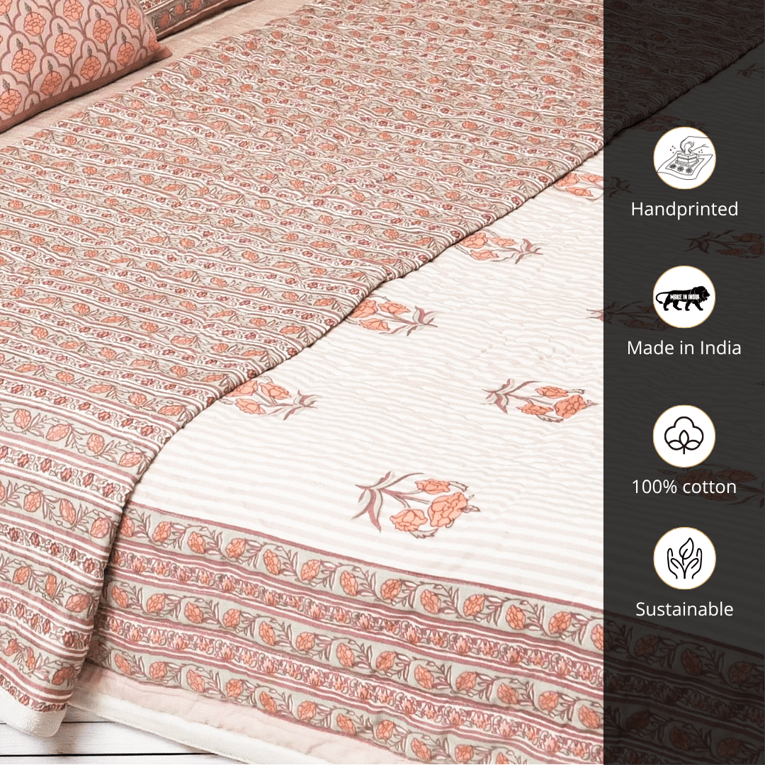 AC Comforter in 100% Cotton Mulmul Handprinted in Dusty Pink with Floral and Geometric design| Lightweight Soft and Breathable AC Blanket in Reversible design