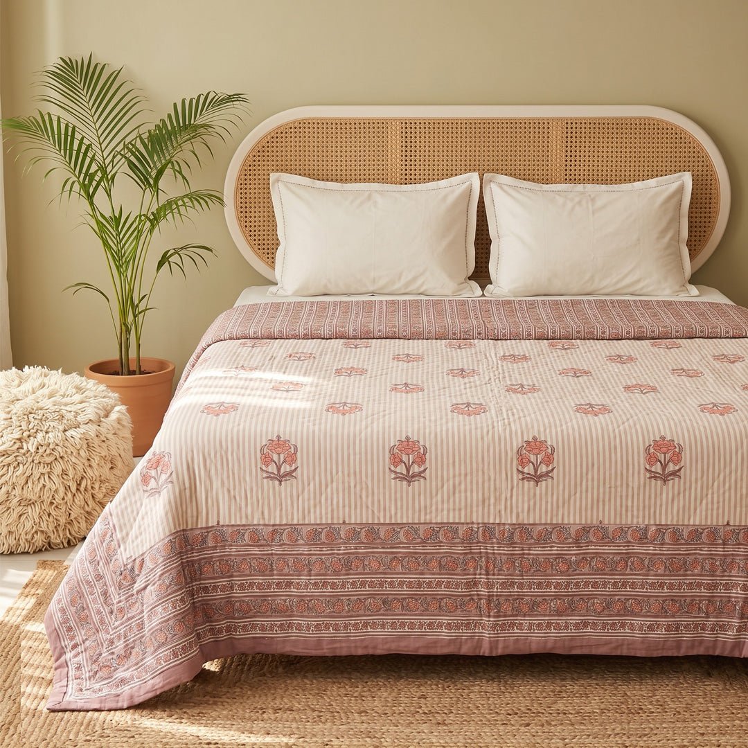 AC Comforter in 100% Cotton Mulmul Handprinted in Dusty Pink with Floral and Geometric design| Lightweight Soft and Breathable AC Blanket in Reversible design