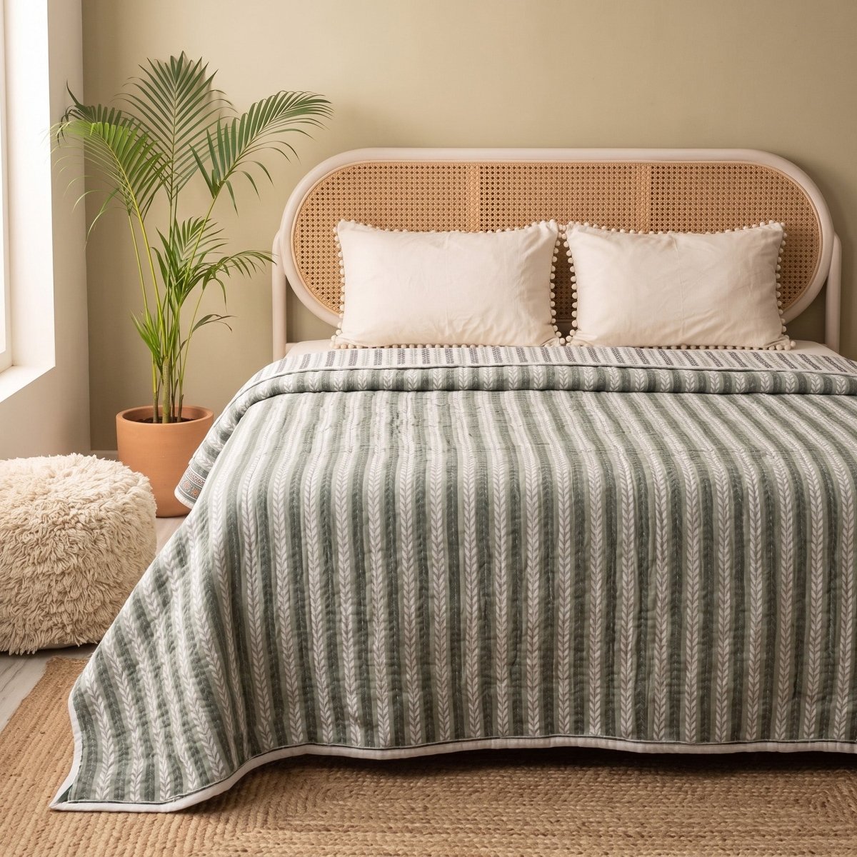 AC Comforter in 100% Cotton Mulmul Handprinted in Green Leafy Stripes| Lightweight Soft and Breathable AC Blanket