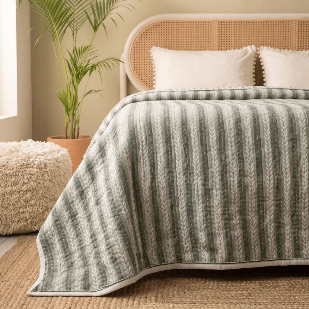 AC Comforter in 100% Cotton Mulmul Handprinted in Green Leafy Stripes| Lightweight Soft and Breathable AC Blanket
