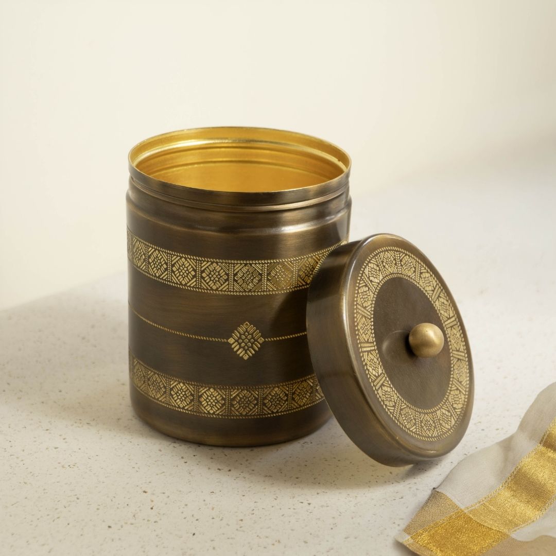 Antique Finish Kitchen Jar made with Pure Brass in a Kanjeevaram design theme| Set of 2
