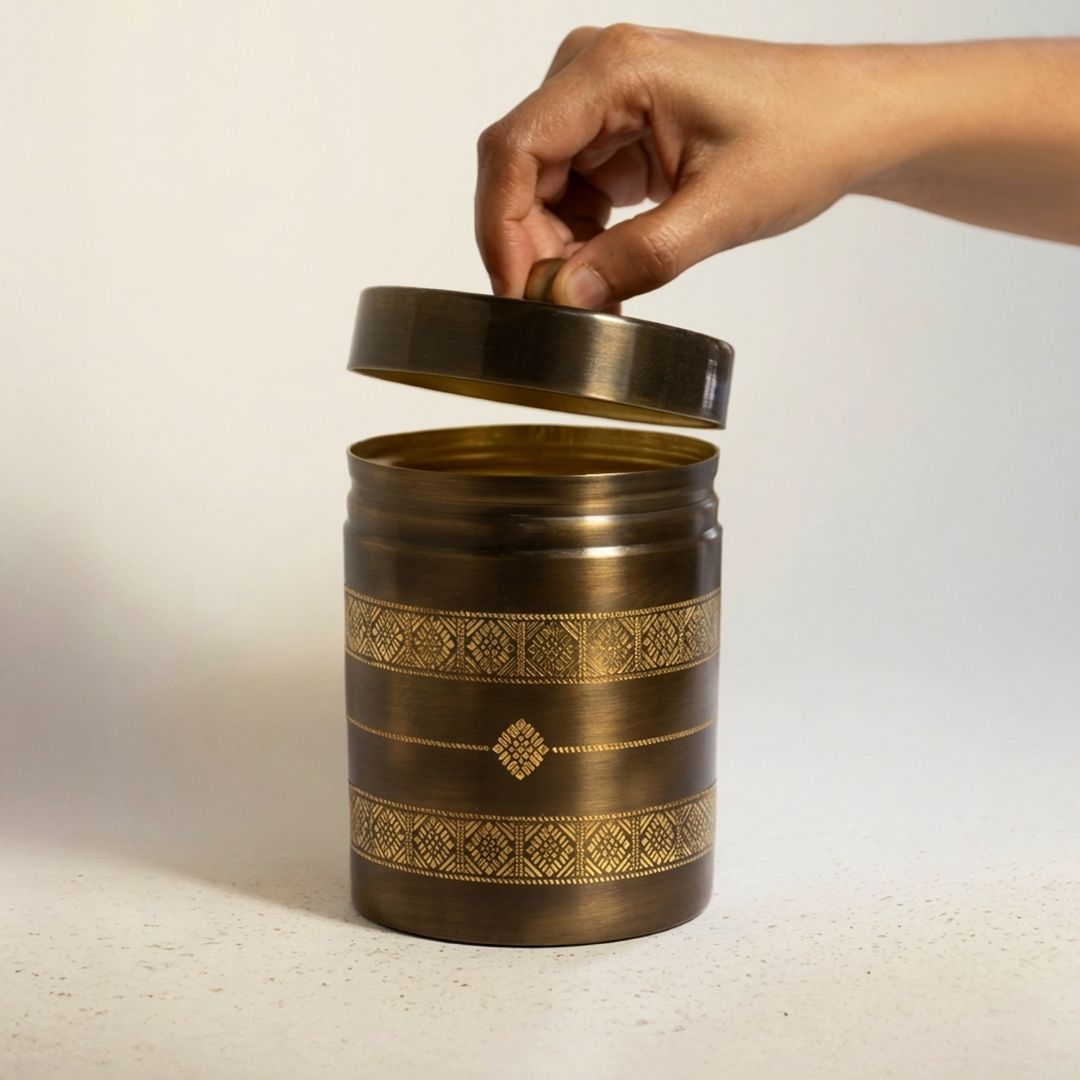 Antique Finish Kitchen Jar made with Pure Brass in a Kanjeevaram design theme| Set of 2