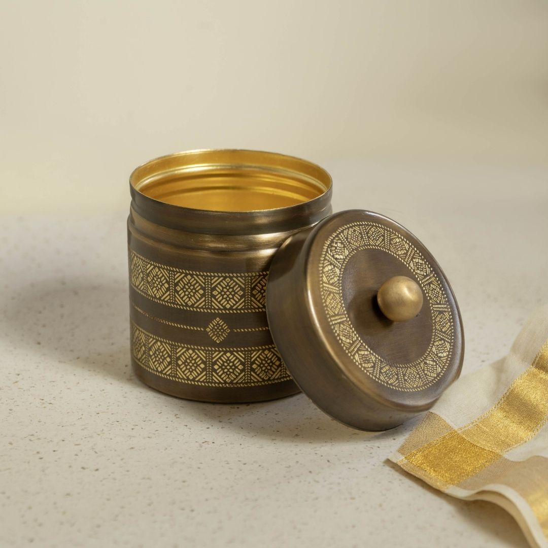 Antique Finish Kanjeevaram theme Handcrafted pure brass storage jar with traditional etching, ideal for kitchen storage, adding timeless Indian elegance.
