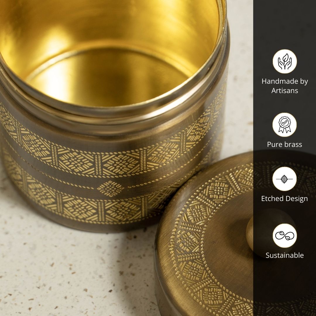 Antique Finish Kanjeevaram theme Handcrafted pure brass storage jar with traditional etching, ideal for kitchen storage, adding timeless Indian elegance.
