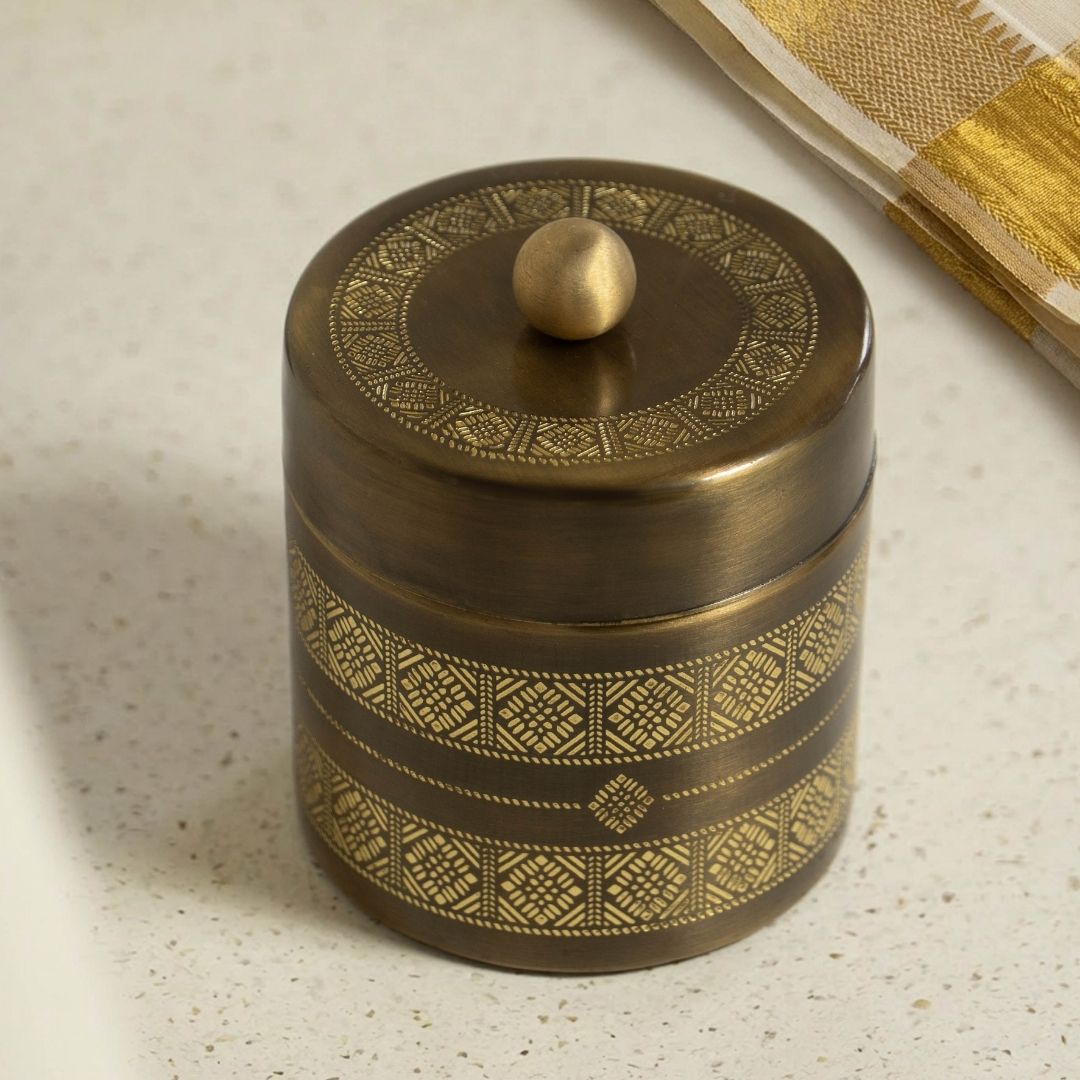Antique Finish Kanjeevaram theme Handcrafted pure brass storage jar with traditional etching, ideal for kitchen storage, adding timeless Indian elegance.