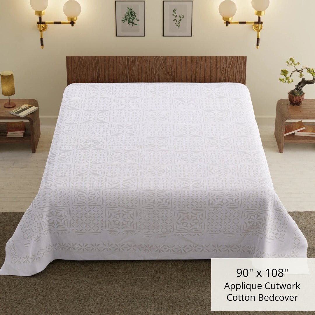 Applique Cutwork Cotton Double Bed Cover in White Summer Solace Handmade in India