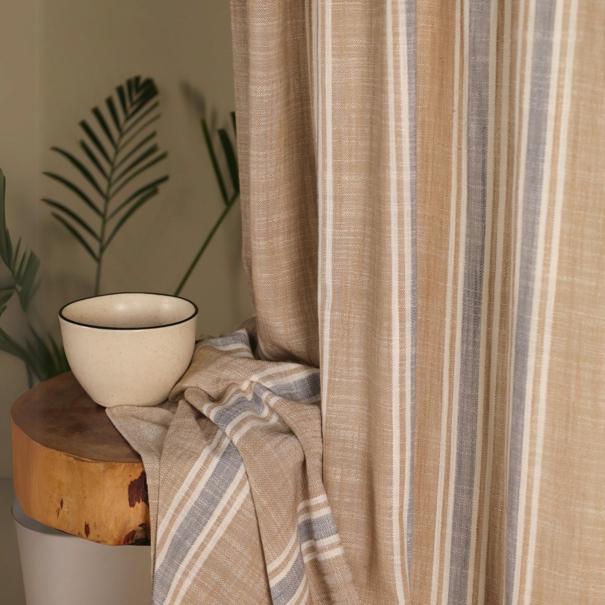 Beige & Blue Handwoven Cotton Striped Curtain 7 ft