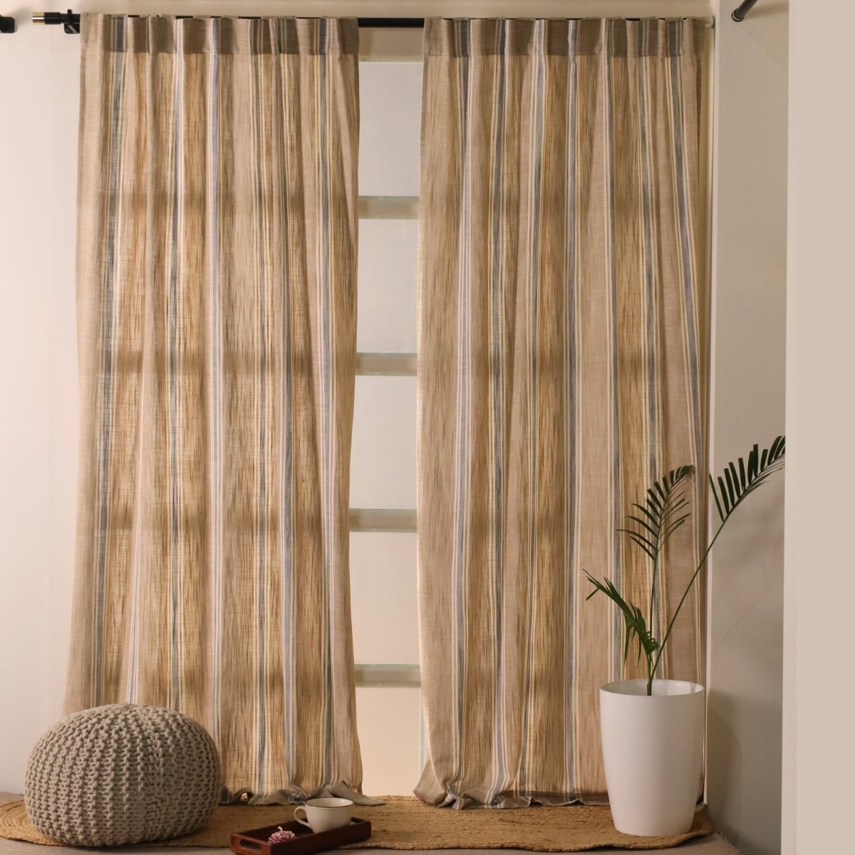 Beige & Blue Handwoven Cotton Striped Curtain 7 ft