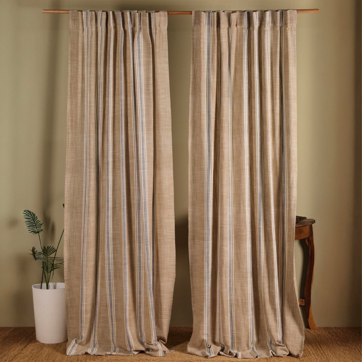 Beige & Blue Handwoven Cotton Striped Curtain 7 ft