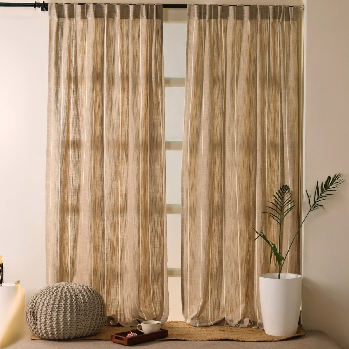 Beige Handwoven Cotton Striped Curtain 7 ft