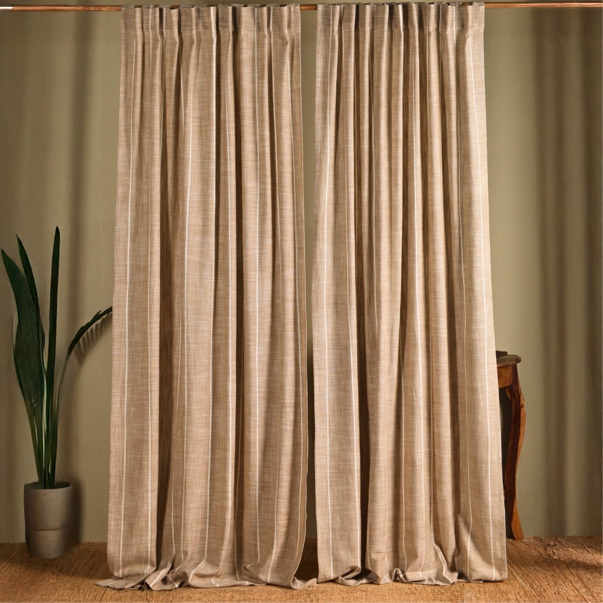 Beige Handwoven Cotton Striped Curtain 7 ft