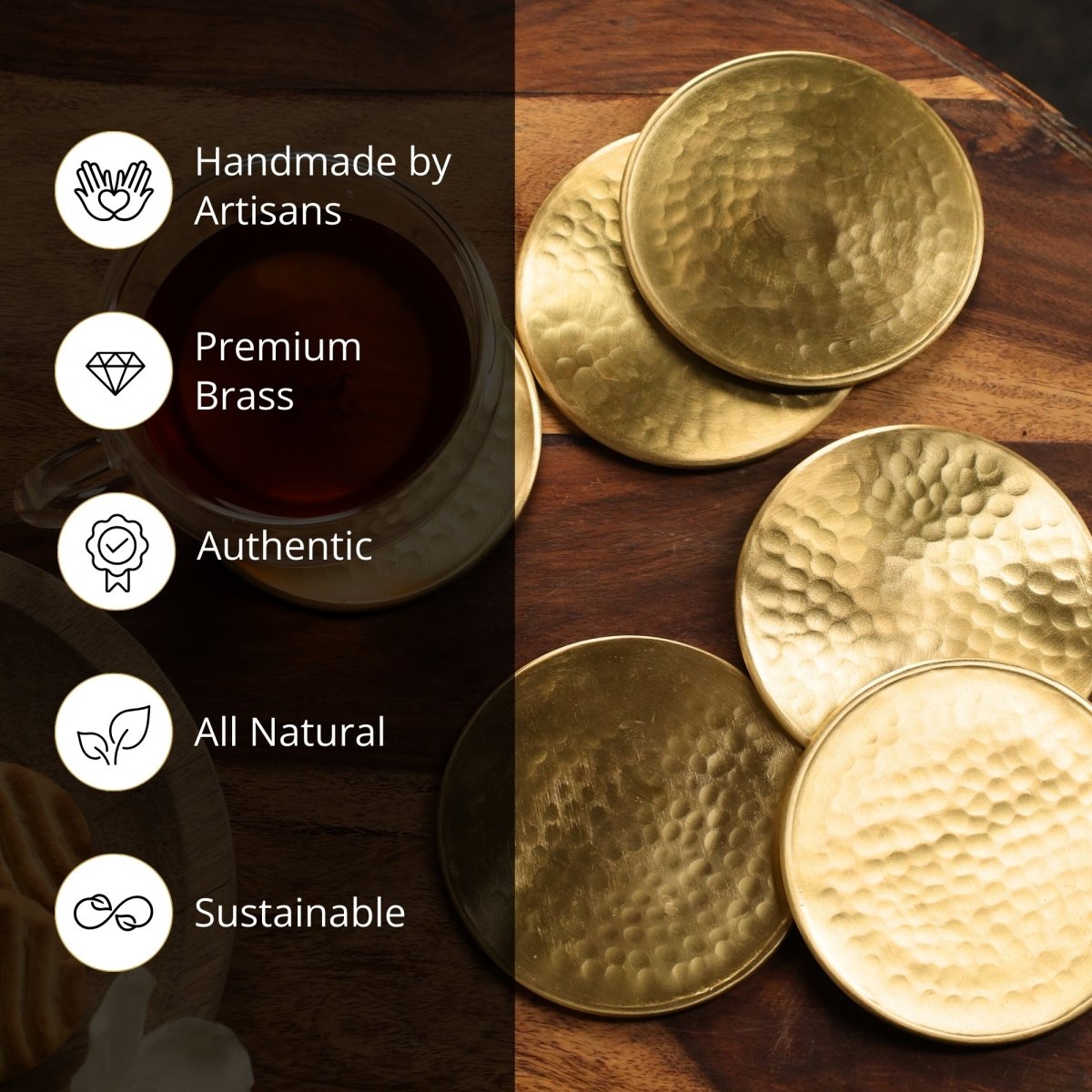 Handcrafted Pure Brass table coaster set with traditional etching, ideal for kitchen and table, adding timeless Indian elegance.