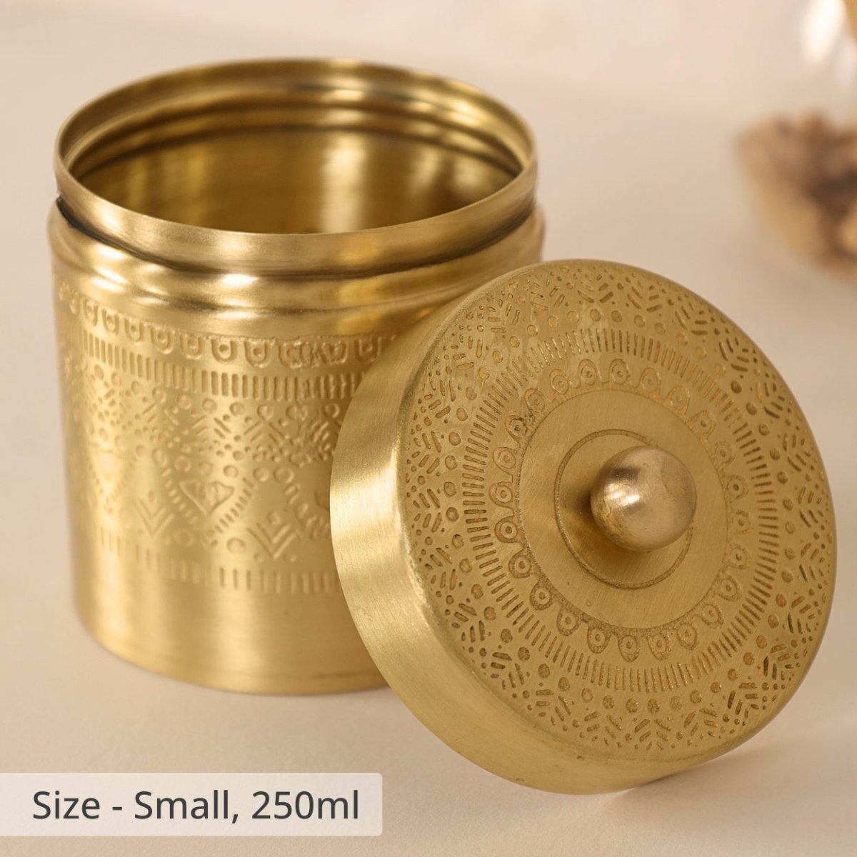 Handcrafted pure brass storage jar with traditional etching, ideal for kitchen storage, adding timeless Indian elegance.