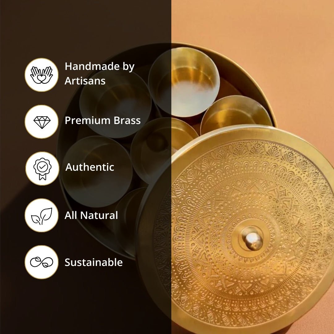 Pure Brass kitchen masala box | Traditional Engraved designed kitchenware