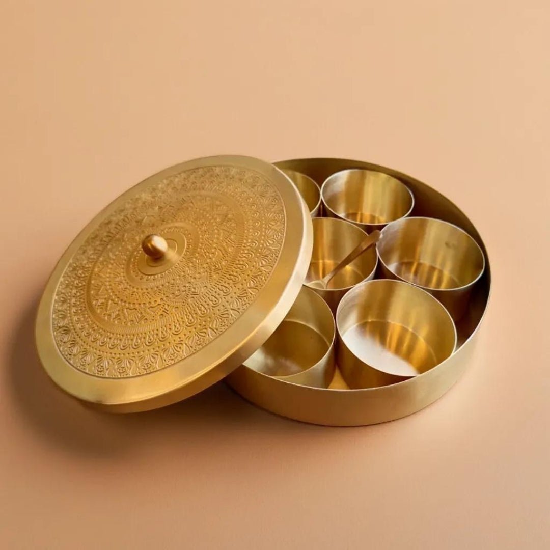 Pure Brass kitchen masala box | Traditional Engraved designed kitchenware